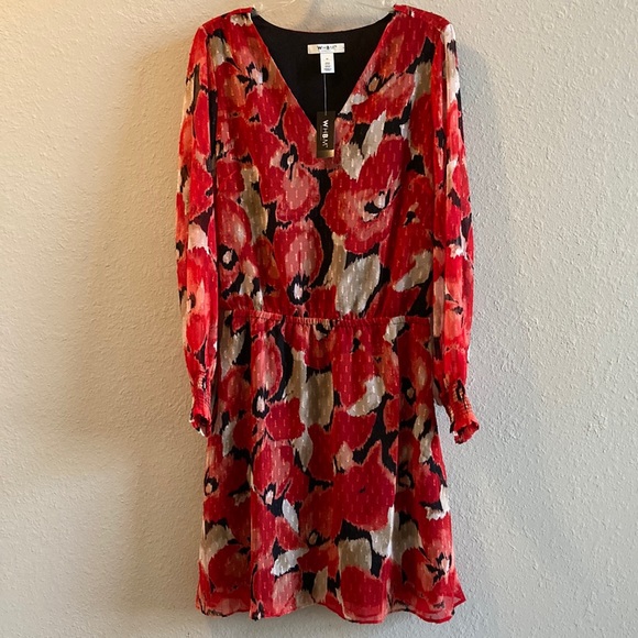 White House Black Market Dresses & Skirts - White House Black Market Long Sleeve V-Neck Smocked Waist A-Line Print Dress